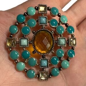 Liz Claiborne Faux Turquoise Citrine Lapel Brooch‎ Pin Southwestern Signed LC 2"